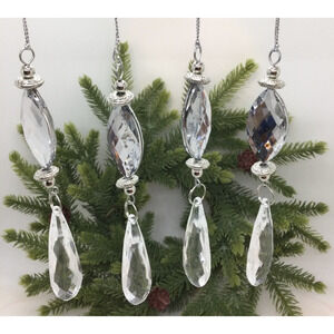 4 Crystal Drops Christmas Ornaments 2-Tiered Oval Shaped Crystal New